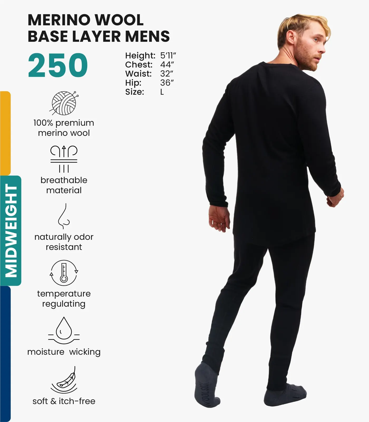 100% Merino Wool Base Layer Men Set - Thermal Underwear for Men Long Johns | Lite, Midweight, Heavyweight Options, Naturally Odor-Resistant, Breathable Cold Weather Top Bottom, Ideal for Hiking, Skiing, photograph 2 of 16