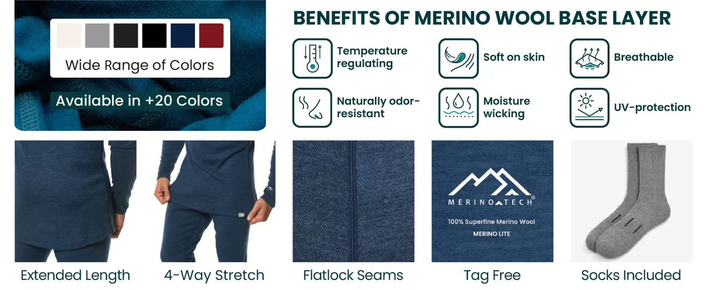 100% Merino Wool Base Layer Men Set - Thermal Underwear for Men Long Johns | Lite, Midweight, Heavyweight Options, Naturally Odor-Resistant, Breathable Cold Weather Top Bottom, Ideal for Hiking, Skiing, photograph 8 of 16